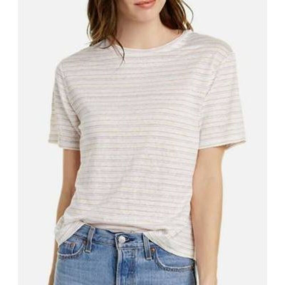 Vince Multi Stripe Linen Boyfriend Boxy Tee XL Summer Basic Casual Everyday Chic